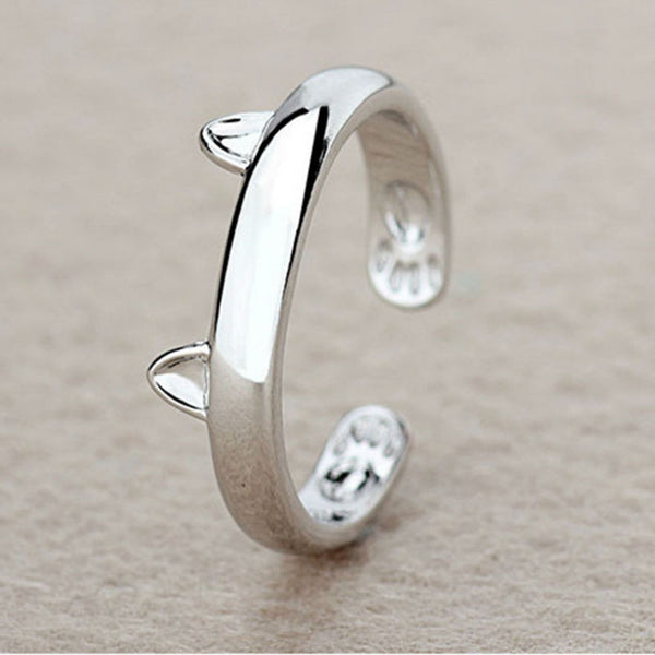 Women Lady Silver Plated Cat Rings Fashion Kitten Ears