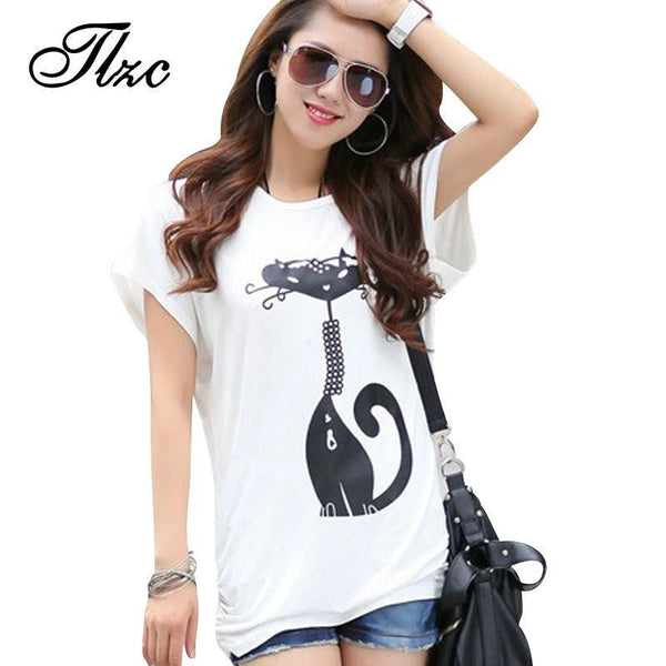 Korean Cat Printed Lady Fashion Tees & Tops Black / White