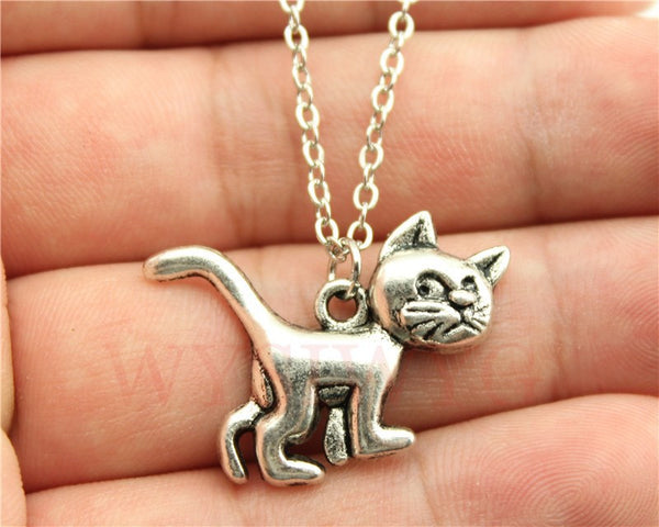 Simple Vintage Antique Silver Cat Pendant Necklace