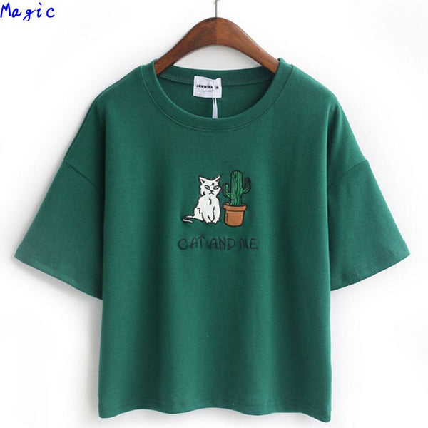 Embroidery Cat Cactus casual T Shirt For Women