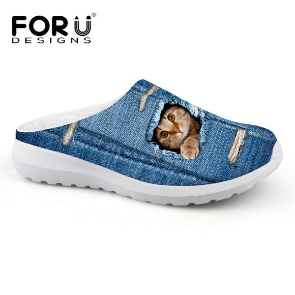 Fashion Unisex Women Sandals Cute Denim Cat Print