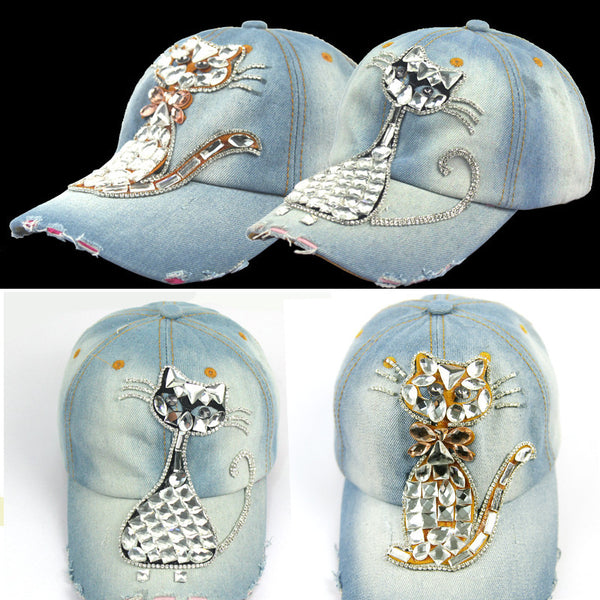 Wash Jean Retro Cat Zircon Ornament Snapback Caps