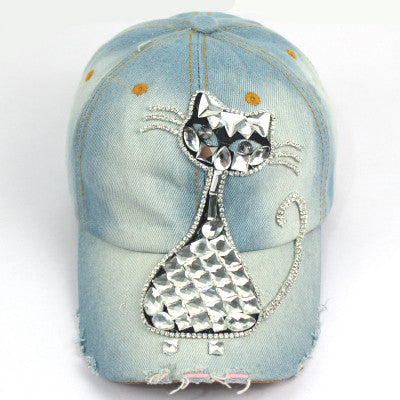 Wash Jean Retro Cat Zircon Ornament Snapback Caps