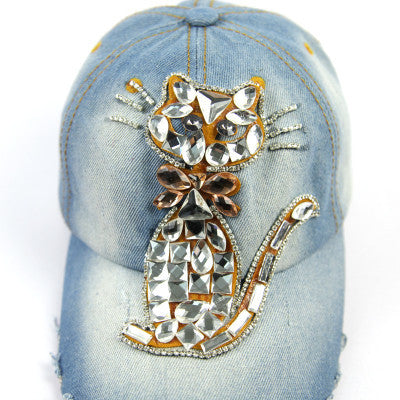 Wash Jean Retro Cat Zircon Ornament Snapback Caps