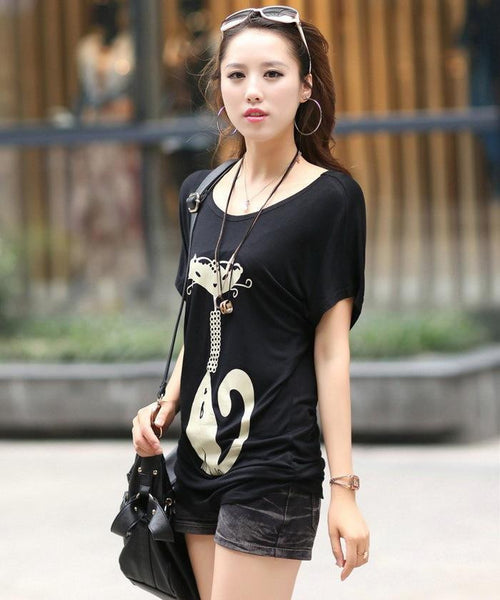 Korean Cat Printed Lady Fashion Tees & Tops Black / White