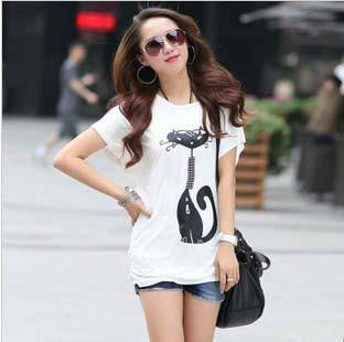 Korean Cat Printed Lady Fashion Tees & Tops Black / White