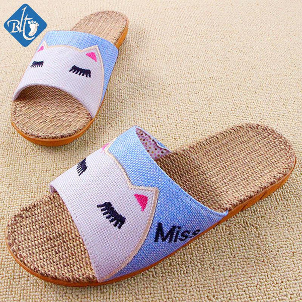 Fashion Linen Cat Slippers Chaussons Cartoon Animal