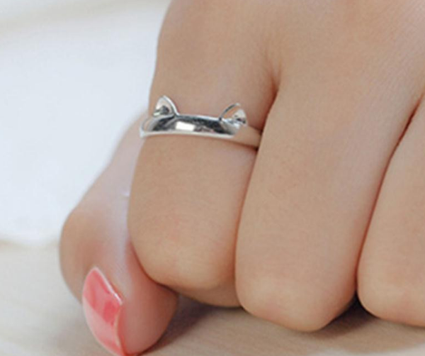 Women Lady Silver Plated Cat Rings Fashion Kitten Ears